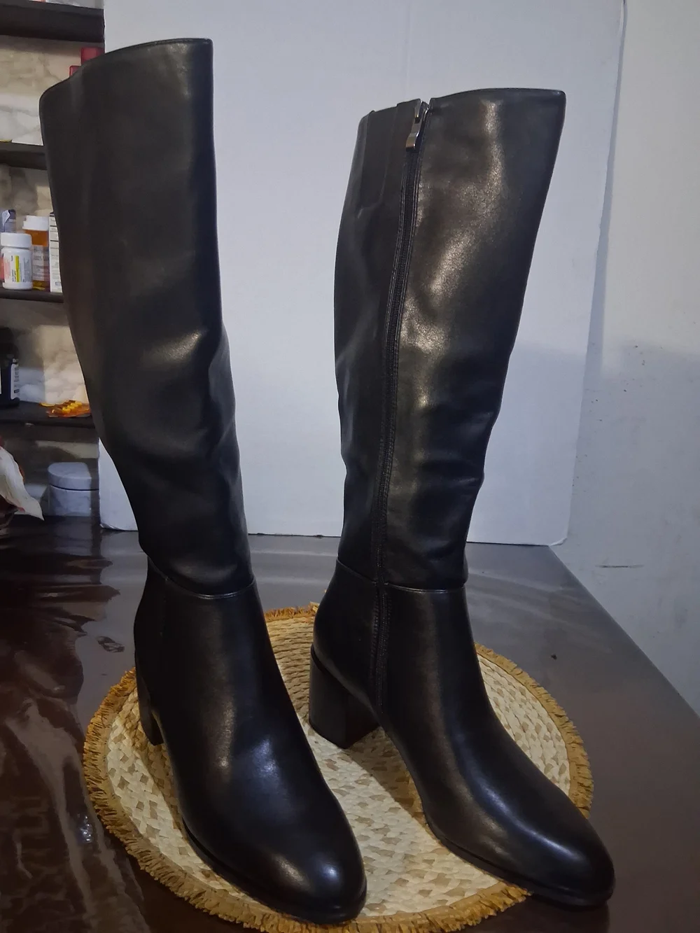 Women's knee-high boots, block heel, round toe, side zipper